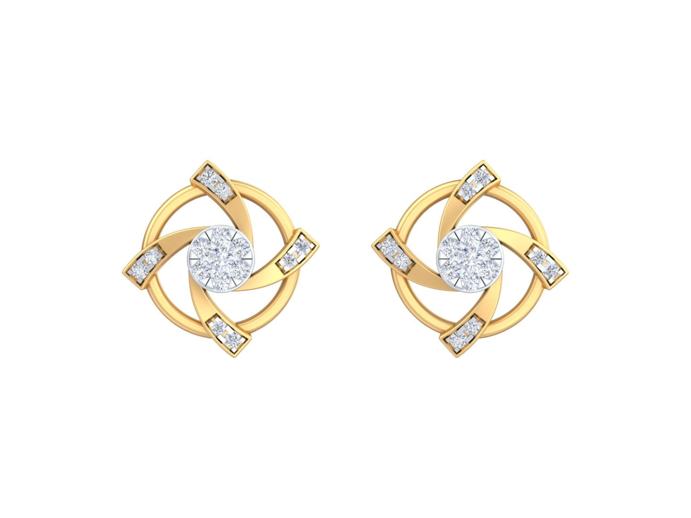 Yellow gold and diamond stud earring on a white background.