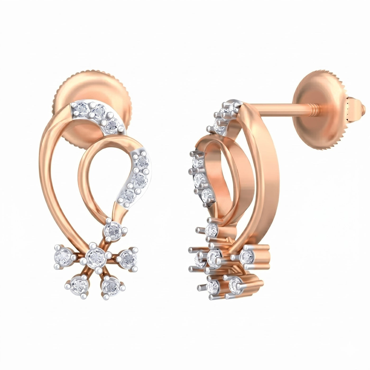 Rose gold and diamond stud earrings on a white background