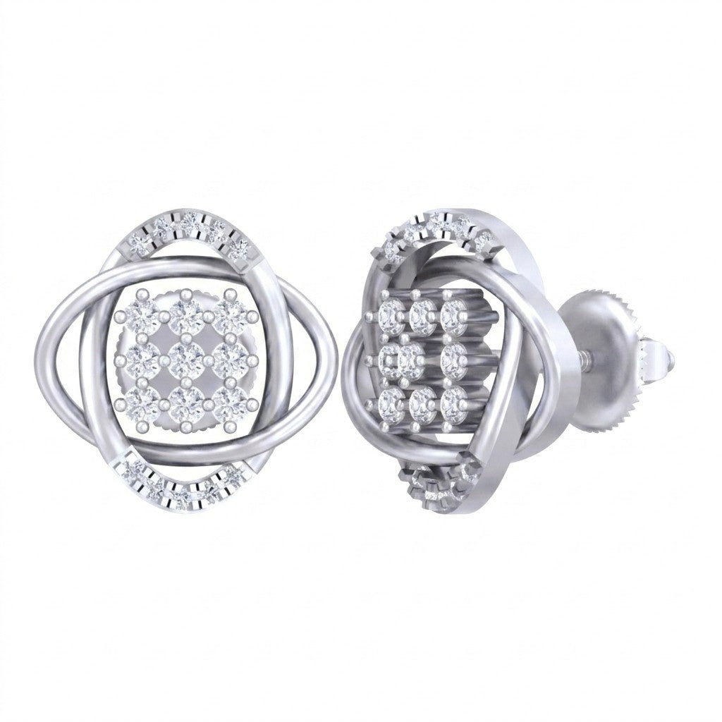 White gold and diamond round-shaped stud earrings for women with modern circular geometric design.
