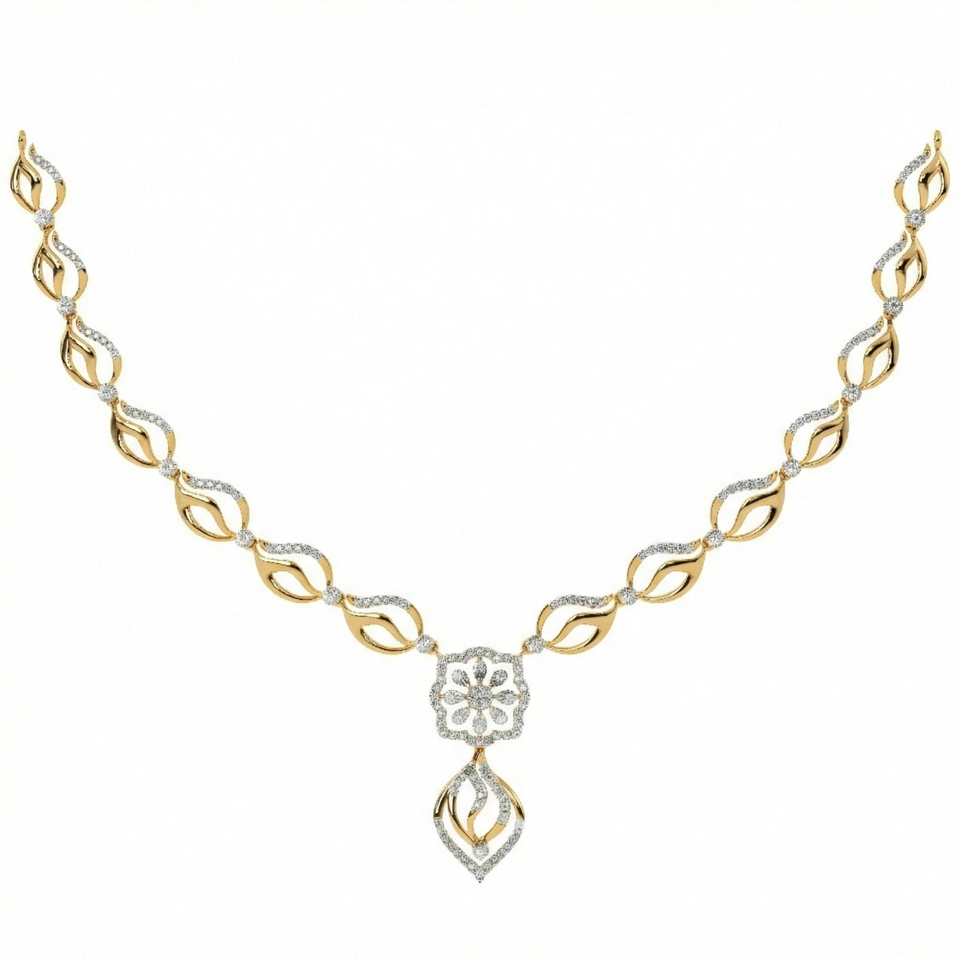 Yellow gold and diamond necklace with a floral design on a white background