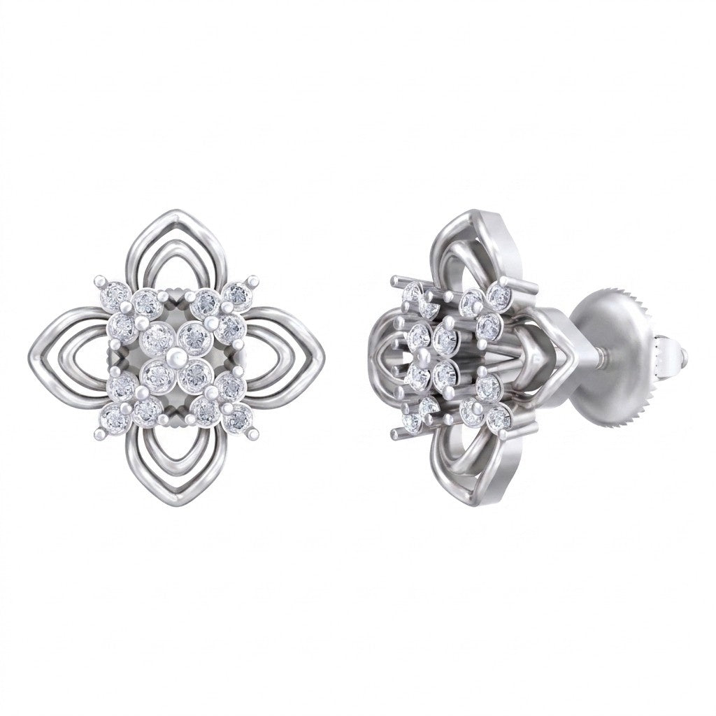 A pair of white gold and diamond stud earrings with a four-petal design on a white background.