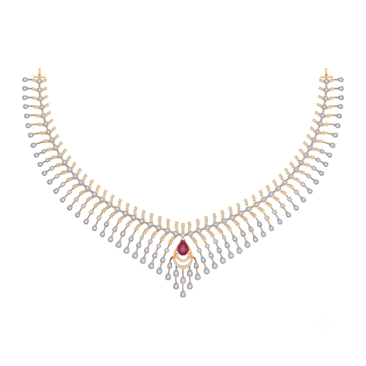 A yellow gold and diamond necklace featuring a central teardrop-shaped ruby gemstone on a plain white background.