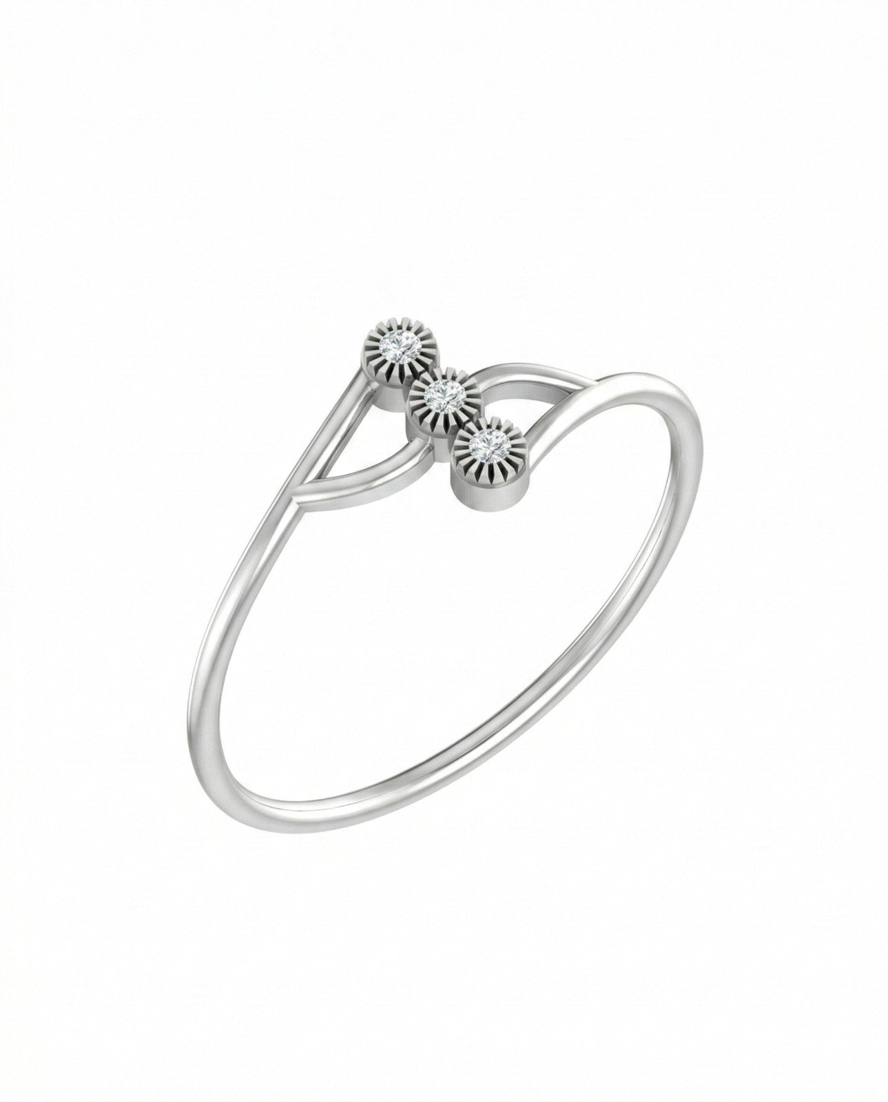 White gold ring with three black and white stones on a white background