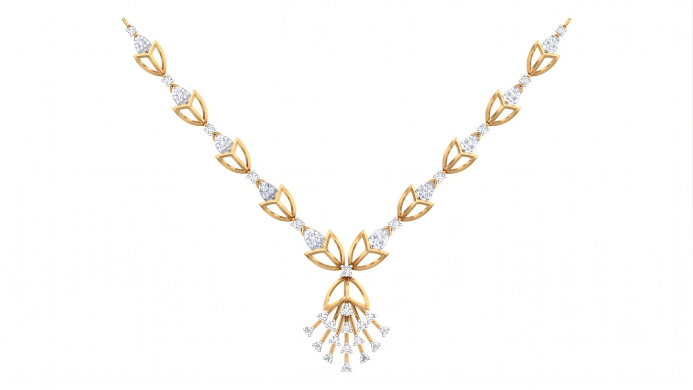 A yellow gold and diamond necklace featuring a cascading diamond drop, set against a plain white background.
