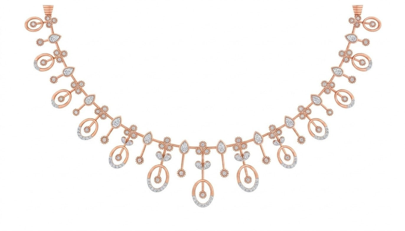 Ornate necklace with rose gold and silver elements on a white background