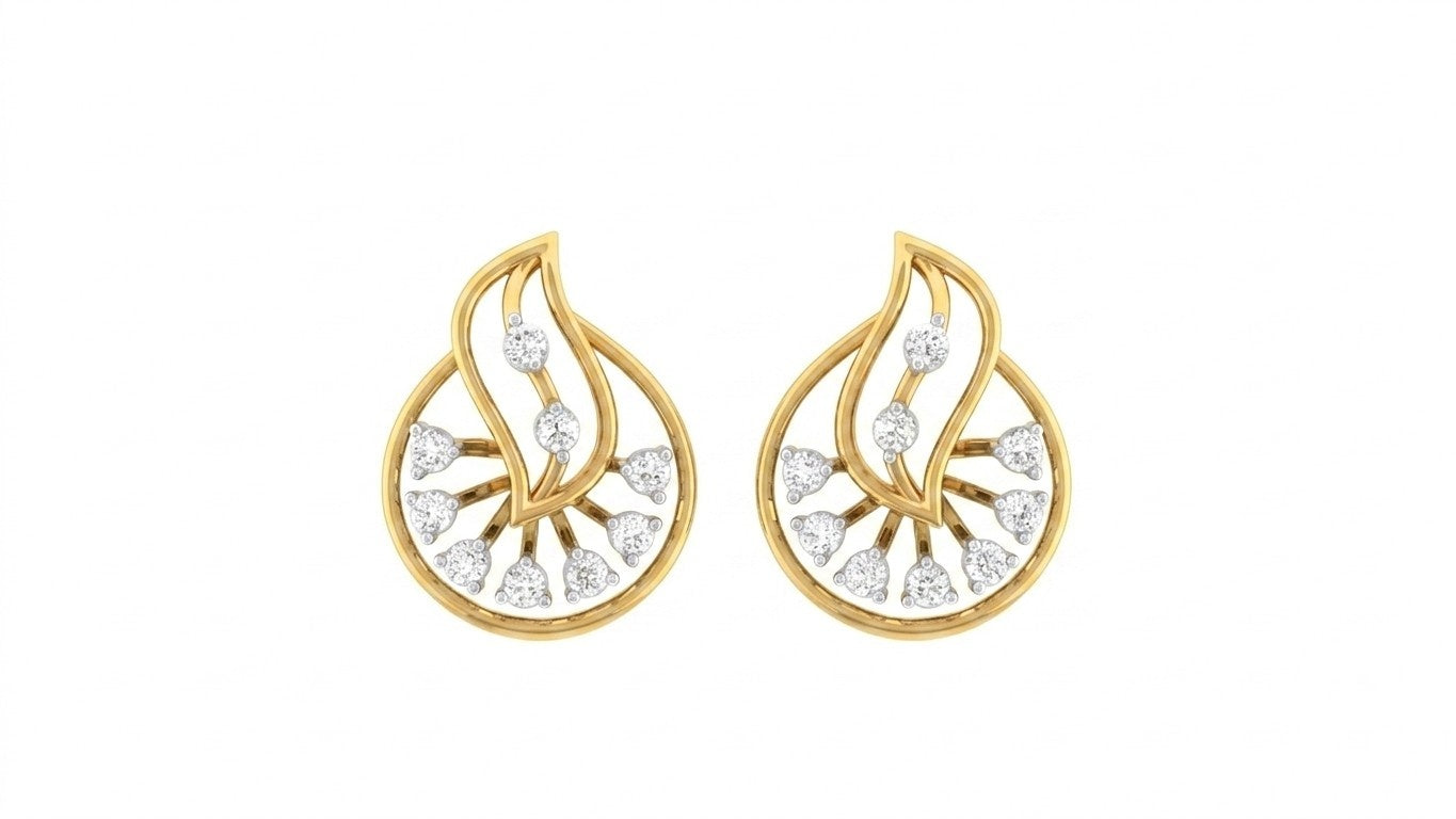 Pair of yellow gold and diamond round shaped stud earrings with leaf-design on a white background.