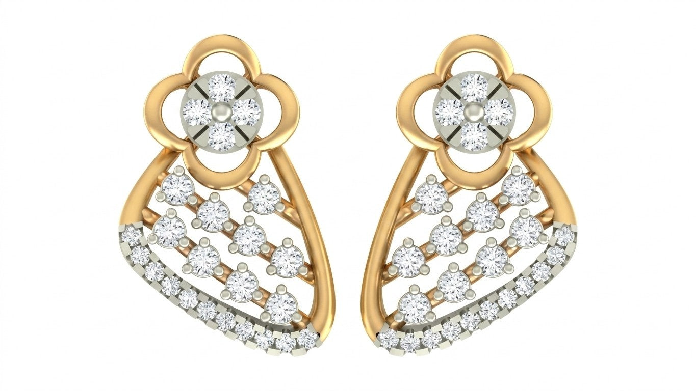Pair of yellow gold and diamond floral-design stud earrings on a white background.