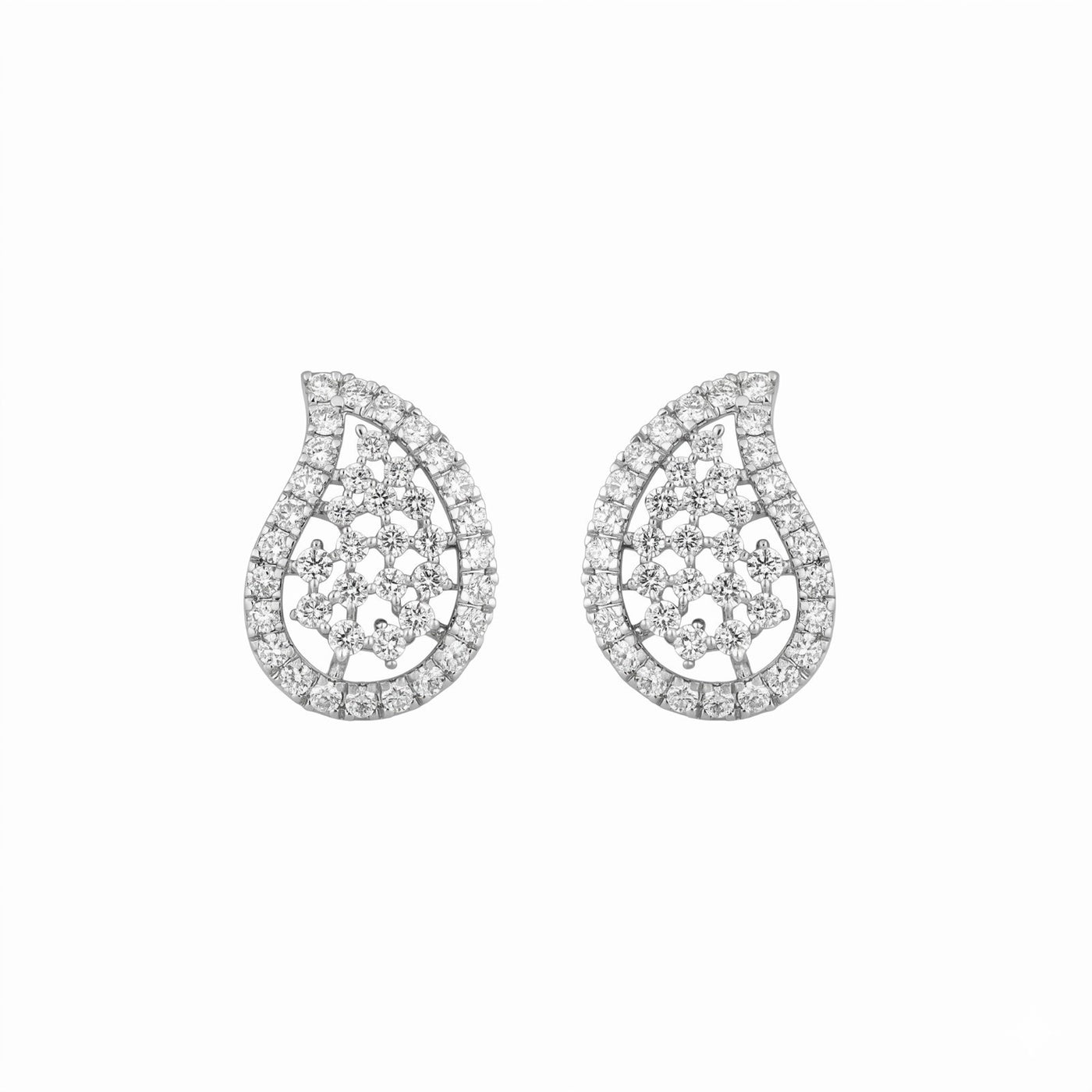Pair of teardrop-shaped white gold earrings with diamond accents on a white background
