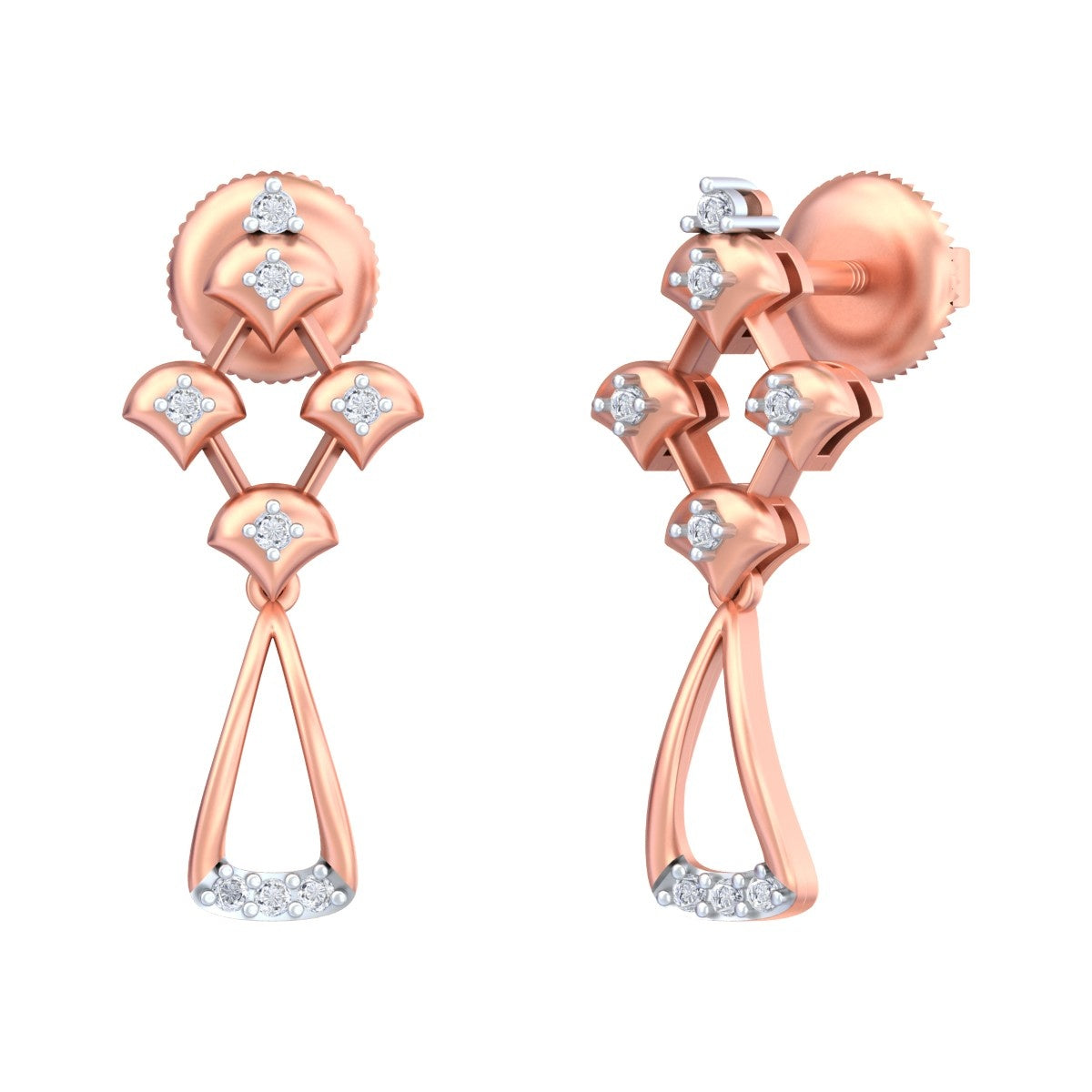 Rose gold and diamond drop earring on a white background.