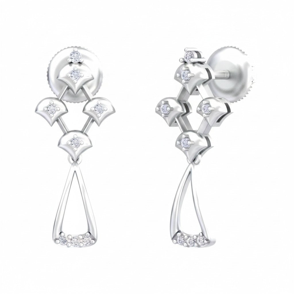 White gold and diamond drop earring on a white background.