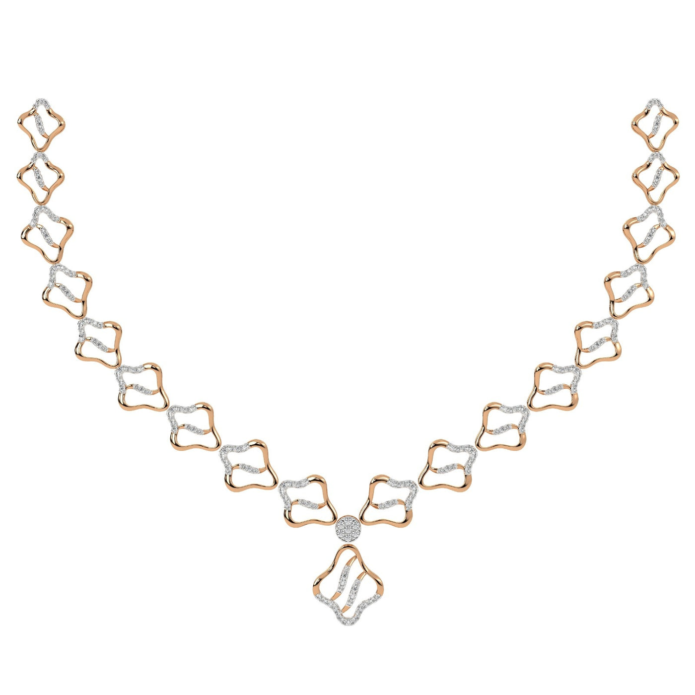 A gold and diamond necklace featuring a repeating openwork motif in rose gold.