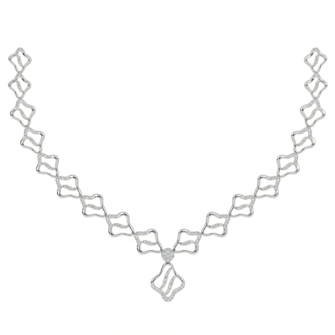 A gold and diamond necklace featuring a repeating openwork motif in white gold.