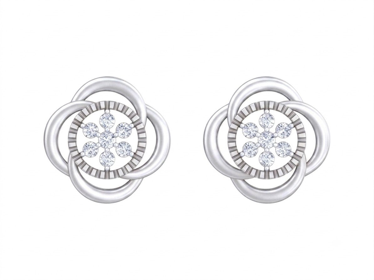 White gold and diamond stud earring with floral-design on a white background.