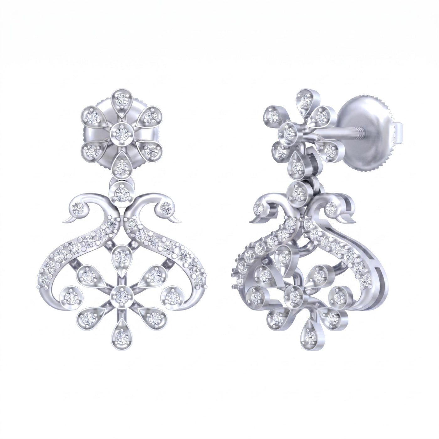 Pair of white gold and diamond floral-shaped drop earrings on a white background