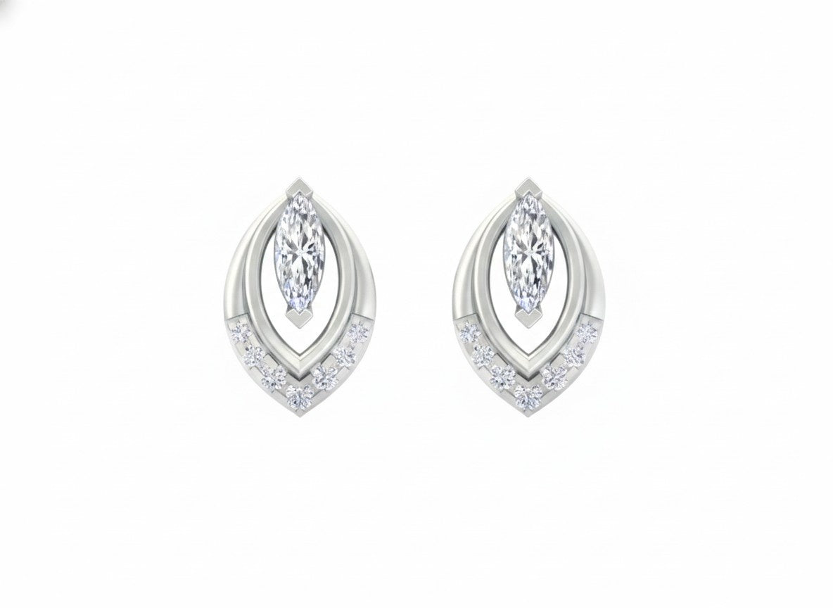 White gold and diamond earrings with clear gemstones on a white background