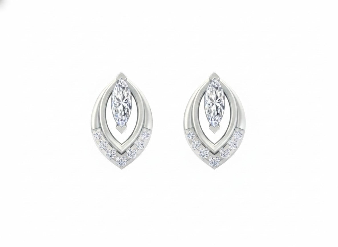 White gold and diamond stud earrings with marquise-design on a white background
