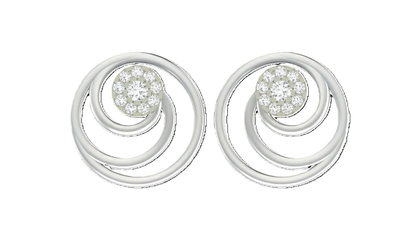 White gold and diamond stud earrings with circular design on a white background.