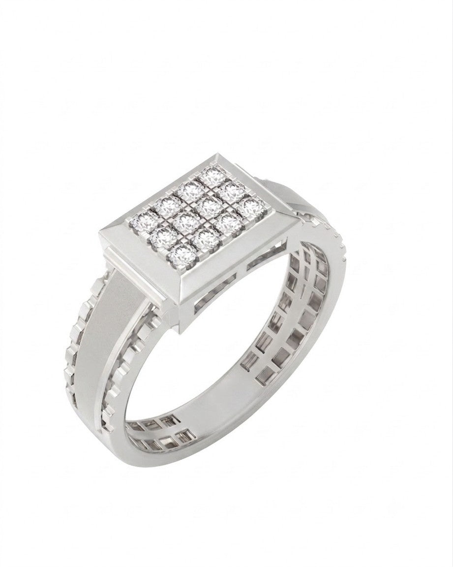 A square ring featuring a white gold and diamond band with a central square cluster, shown on a plain white background.
