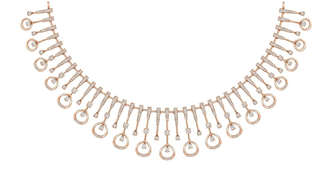 A rose gold necklace featuring a series of teardrop-shaped dangles