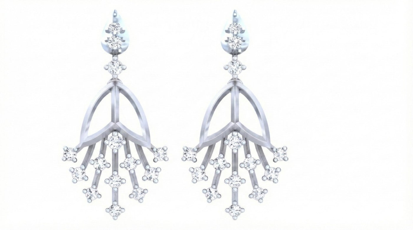 White gold earrings with diamond-like stones on a white background