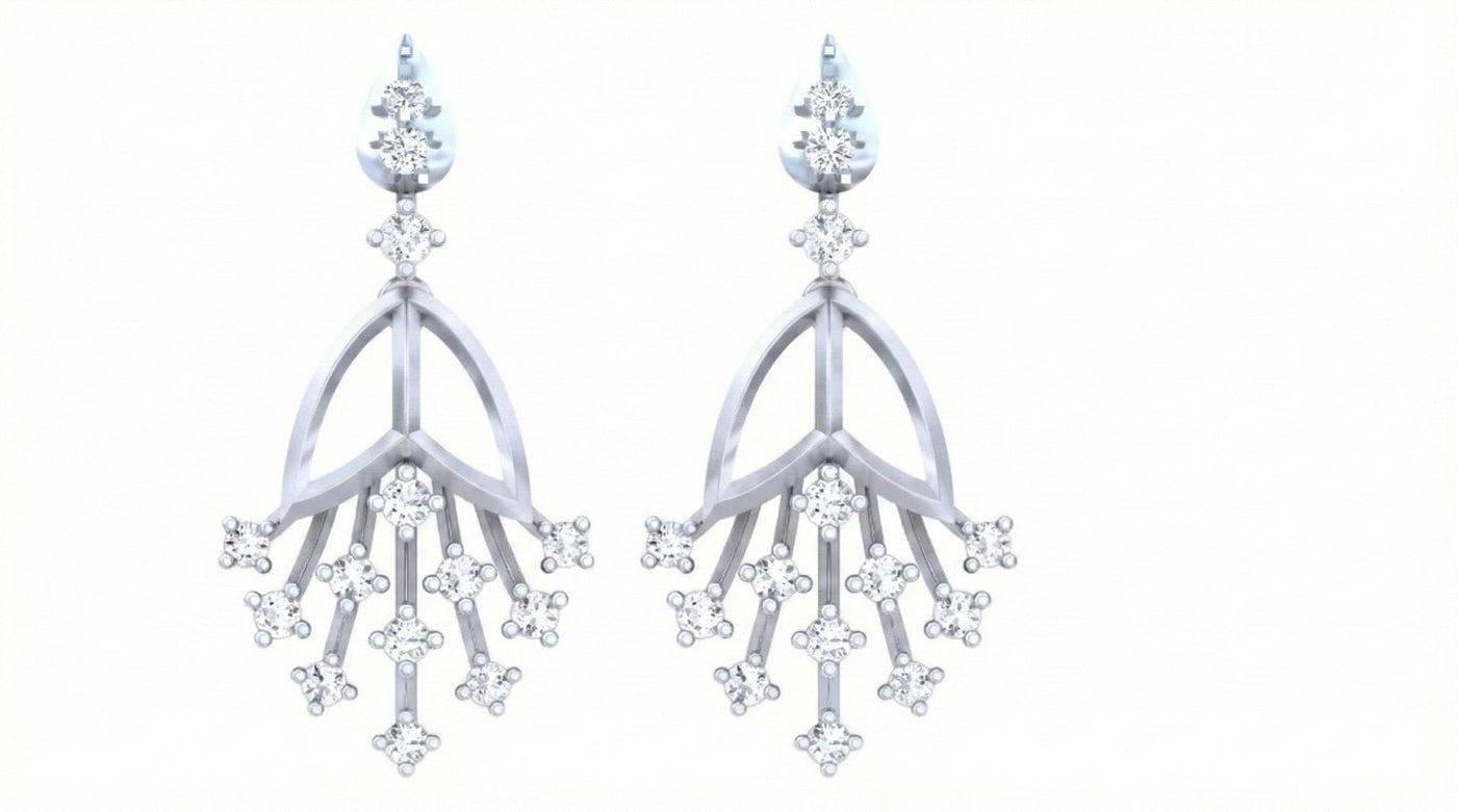 White gold earrings with diamond-like stones on a white background