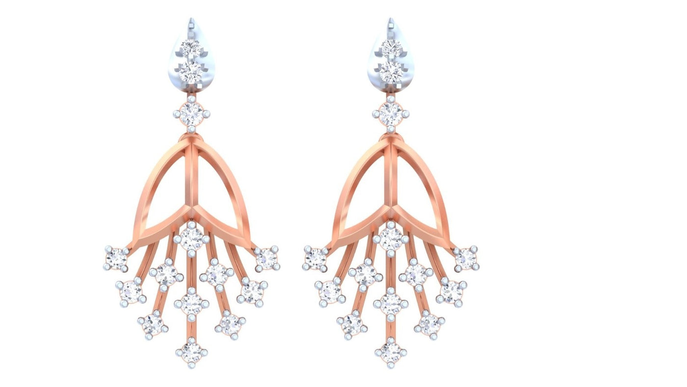 Pair of rose gold earrings with diamond-like stones on a white background