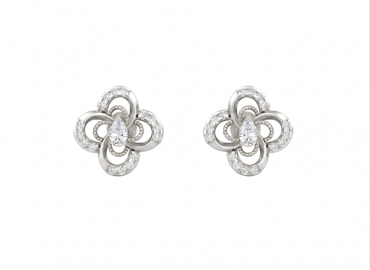 White gold and diamond stud earring with floral-design on a white background.