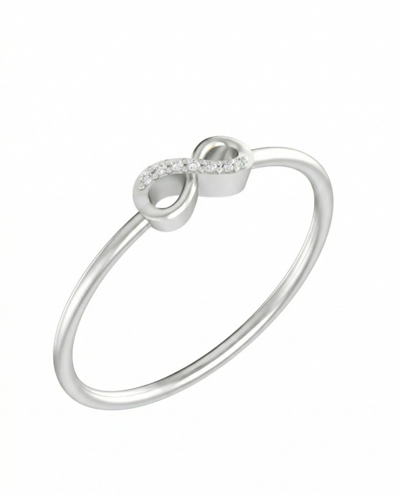 White gold ring with a diamond infinity symbol on a white background