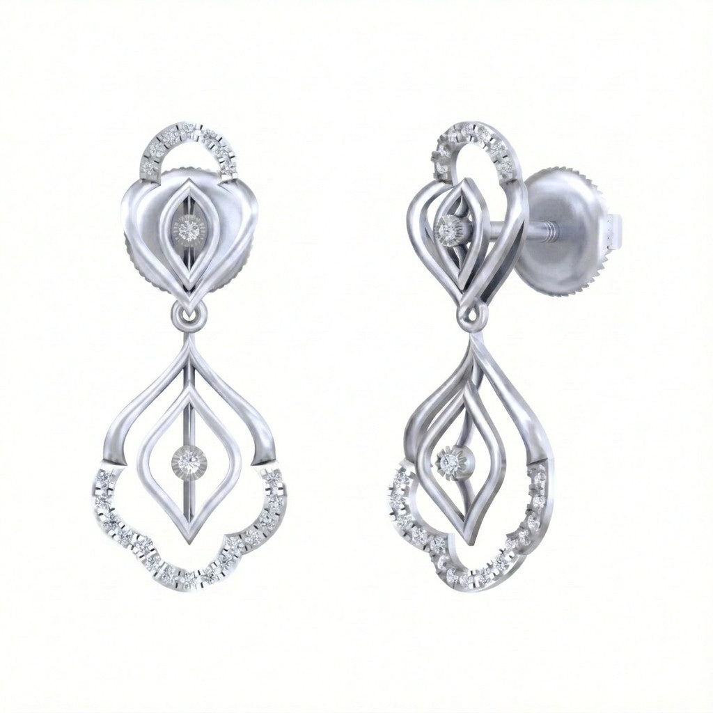 A pair of white gold earrings featuring a intricate design with multiple diamond encrusted sections.