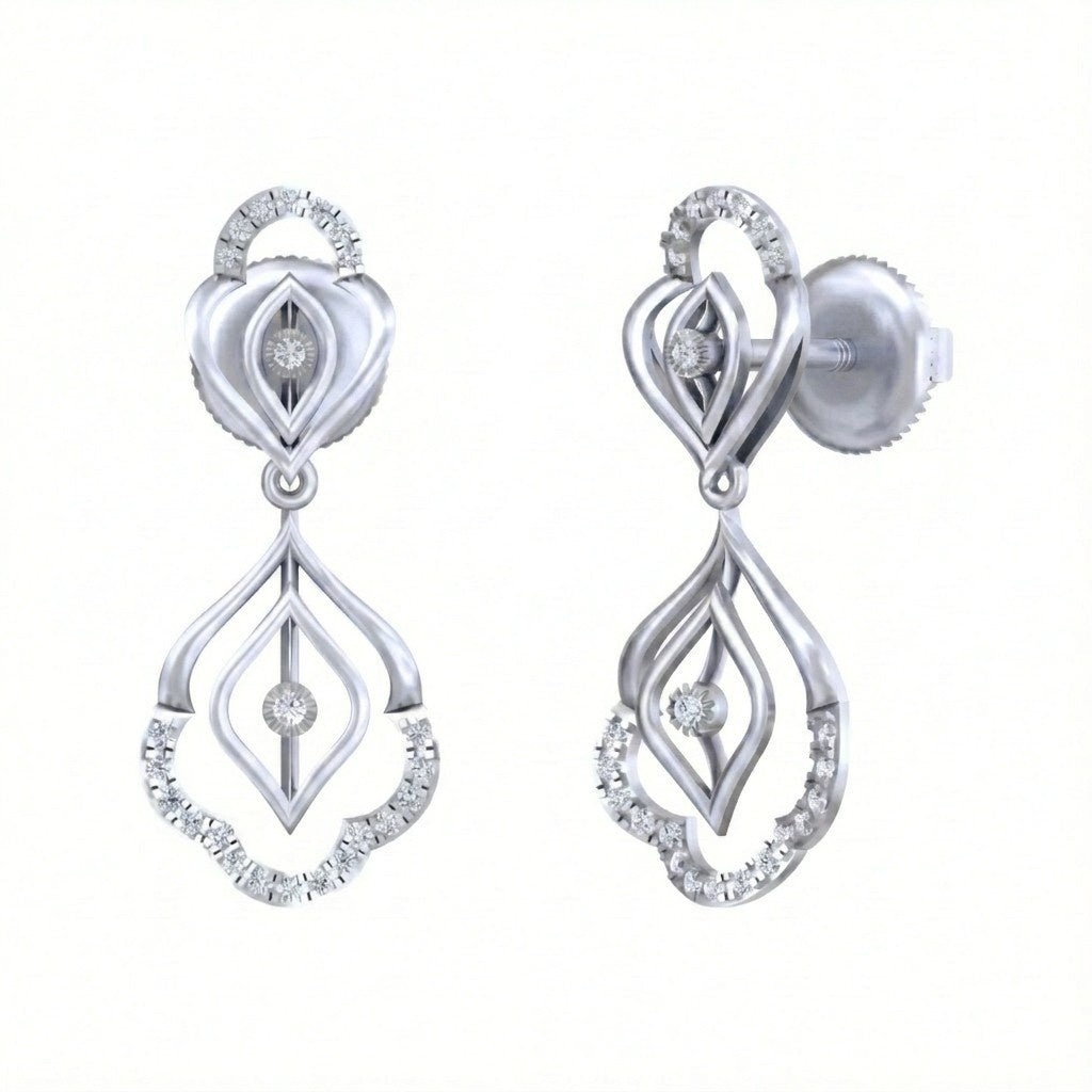 A pair of white gold and diamond drop earrings, displayed on a solid white background.