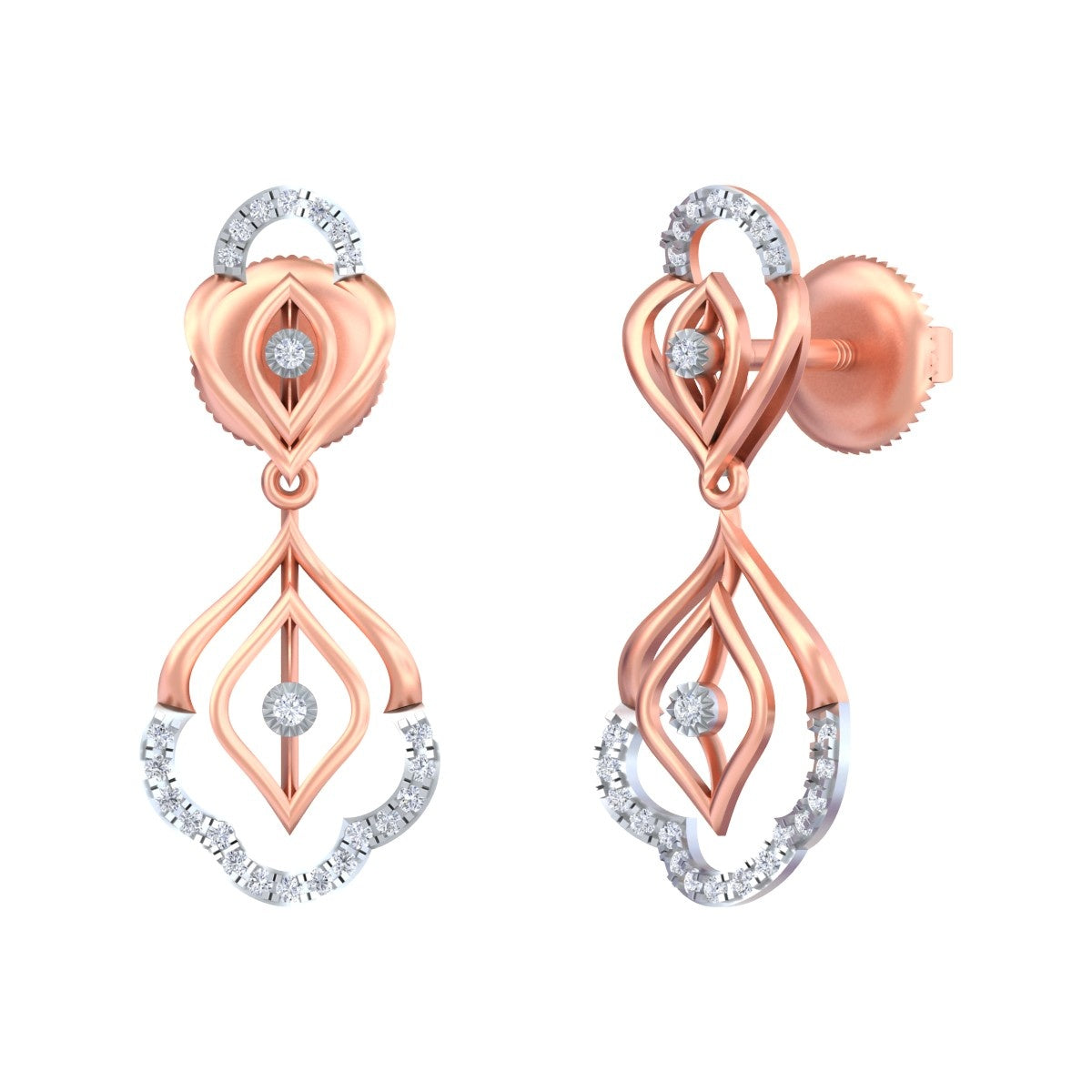 A pair of rose gold and diamond drop earrings, displayed on a solid white background.