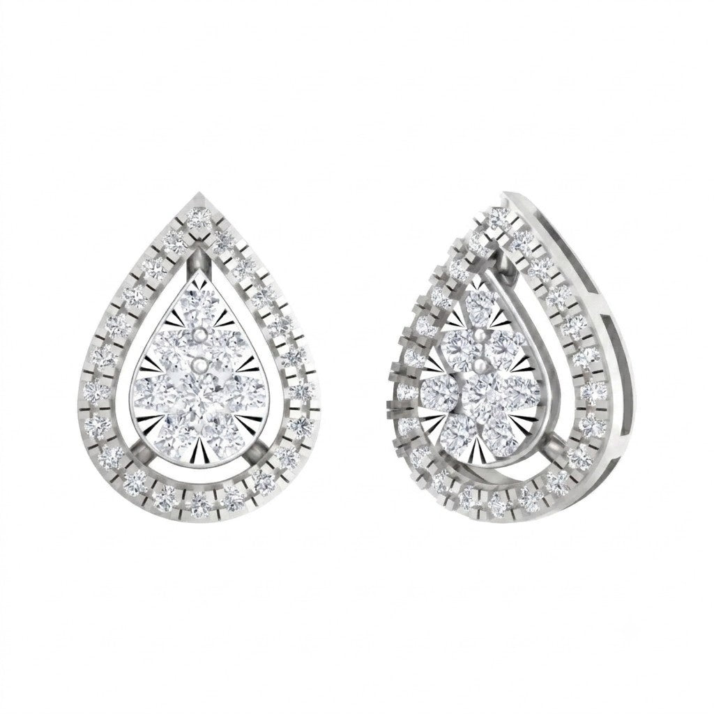 White gold and diamond teardrop-shaped earrings with diamond accents on a white background.
