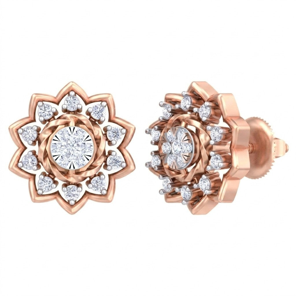 A pair of rose gold earrings with sparkling diamonds arranged in a floral pattern around a central diamond.