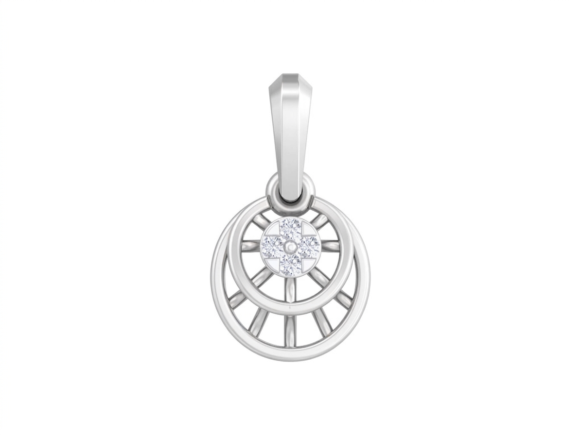 Silver pendant with a central gemstone on a white background