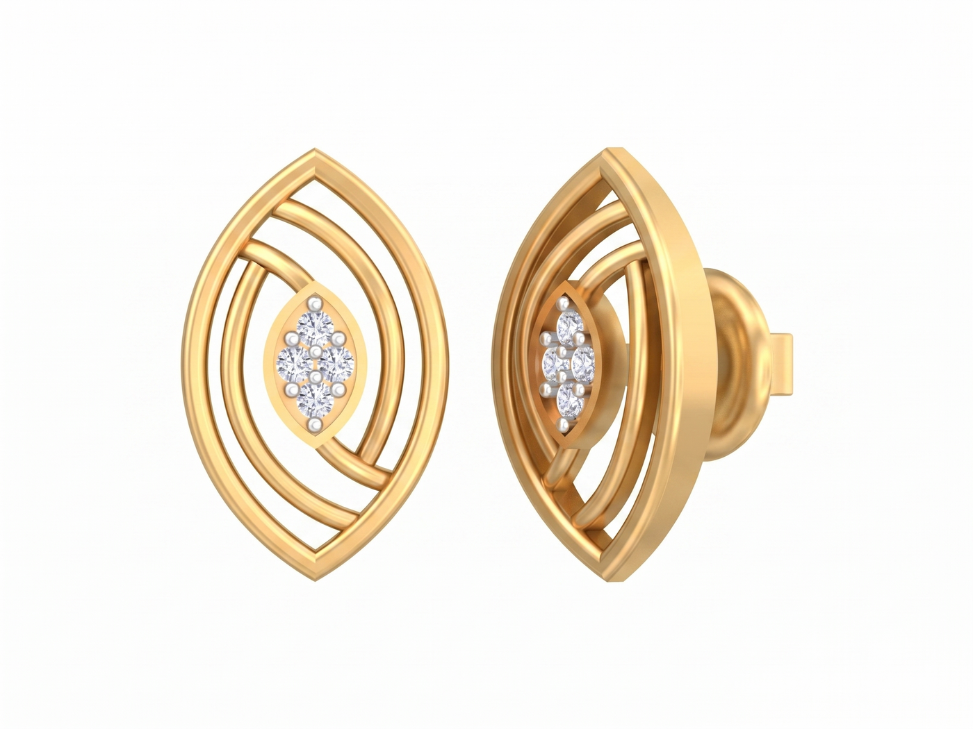 Yellow gold and diamond stud earrings on a white background