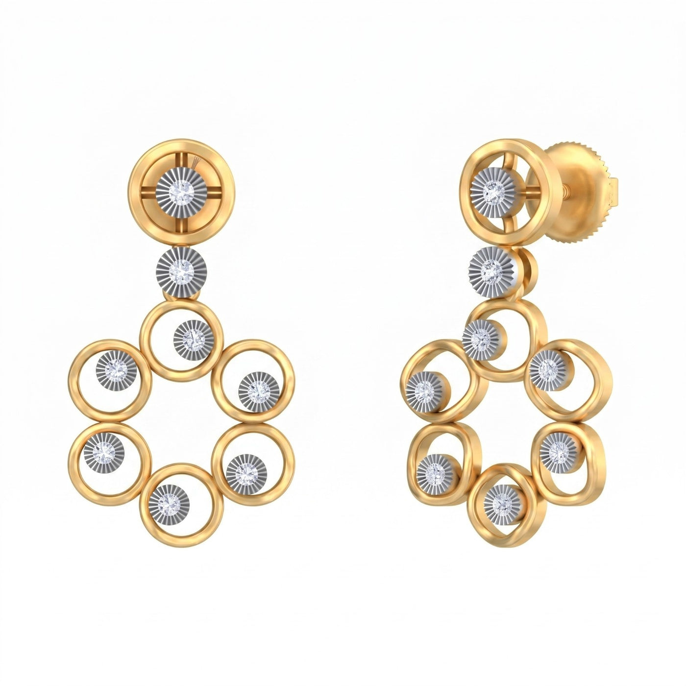 Yellow gold and diamond earrings with circular design on a white background.