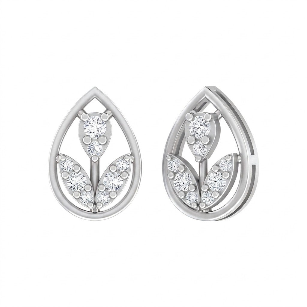 White gold and diamond stud earring with teardrop-shaped on a white background.