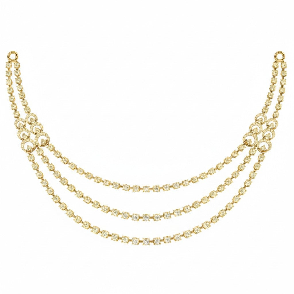 A three-strand yellow gold and diamond draped necklace on a white background