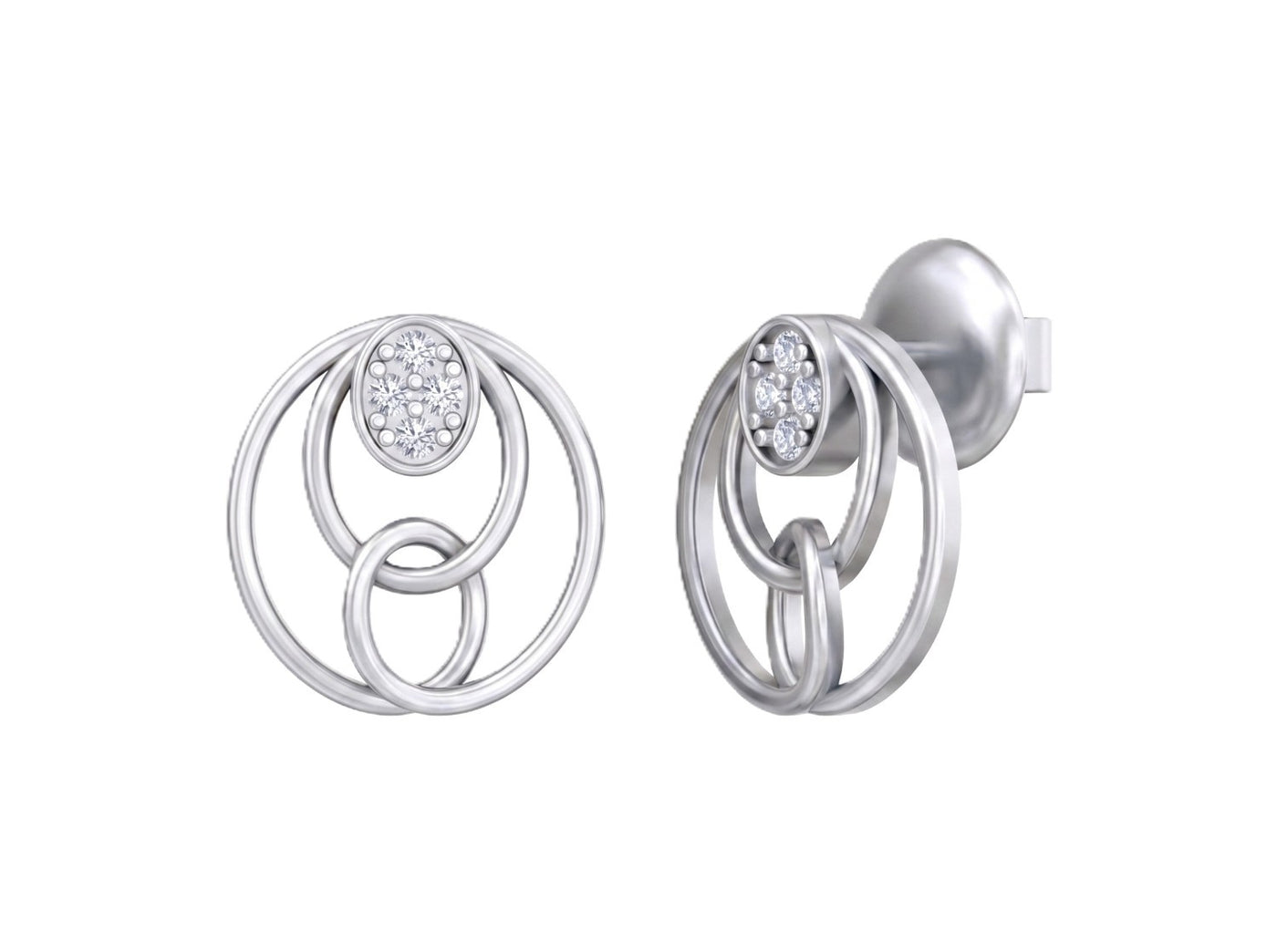 White gold and diamond round-shaoped stud earring on a white background.