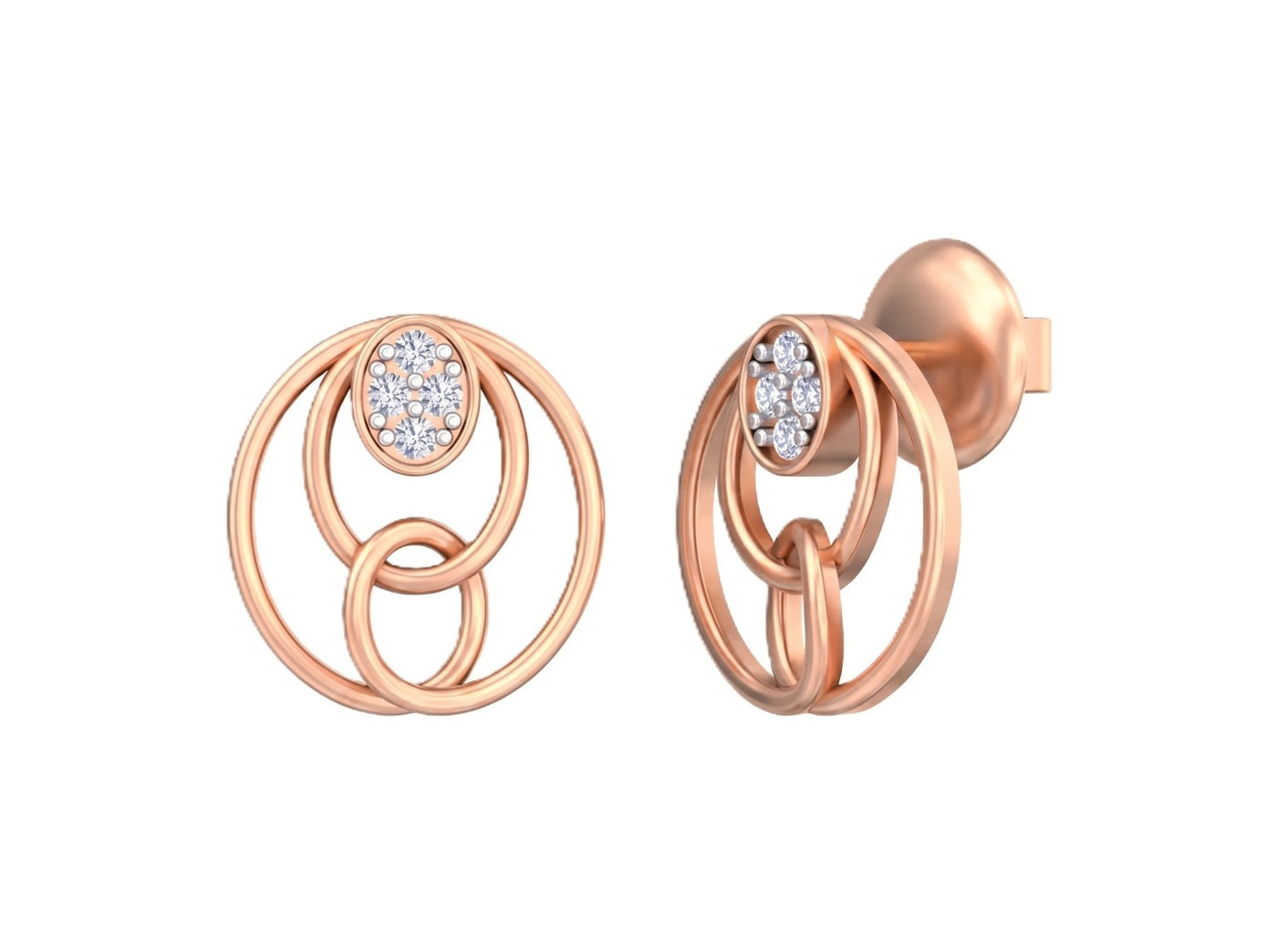 Rose gold and diamond round-shaoped stud earring on a white background.