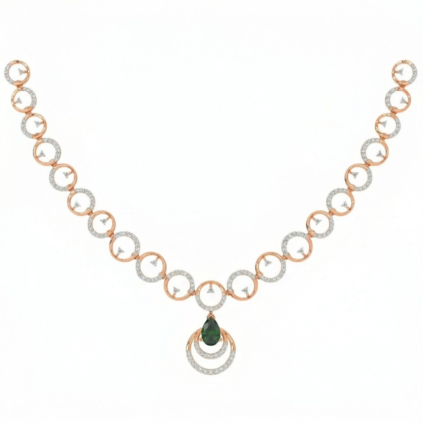 A rose gold and diamond necklace featuring repeating interlocking circular links, a teardrop-shaped green gemstone pendant, shown on a plain white background.