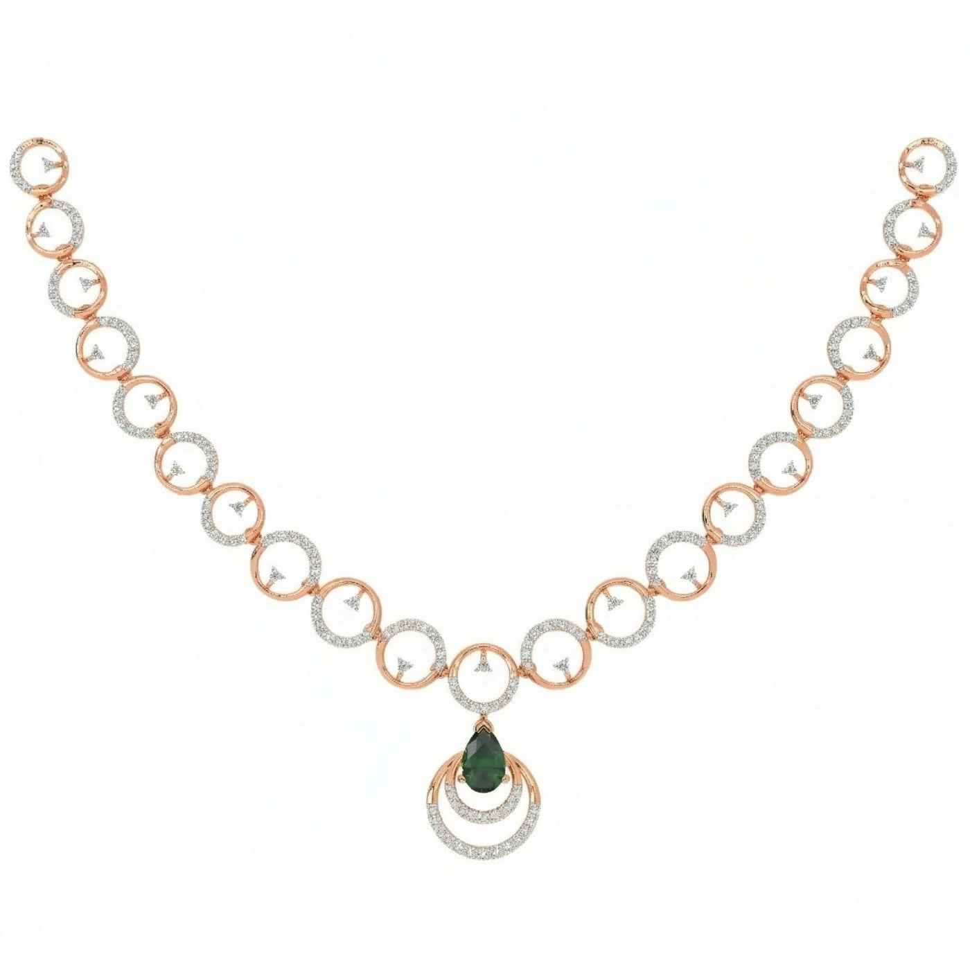 A rose gold necklace featuring alternating diamond-accented circular links and a central pear-shaped deep green gemstone pendant on a white background