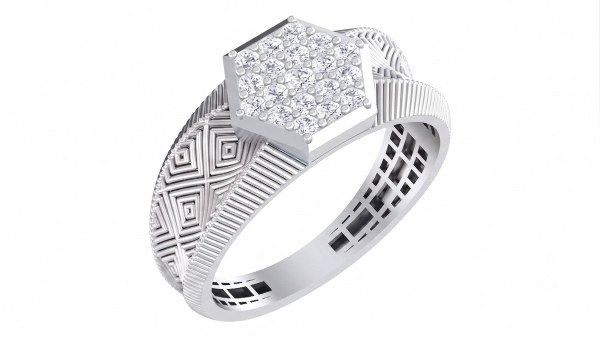 A white gold ring with a hexagonal diamond cluster setting and geometric patterned bands, shown on a plain white background.