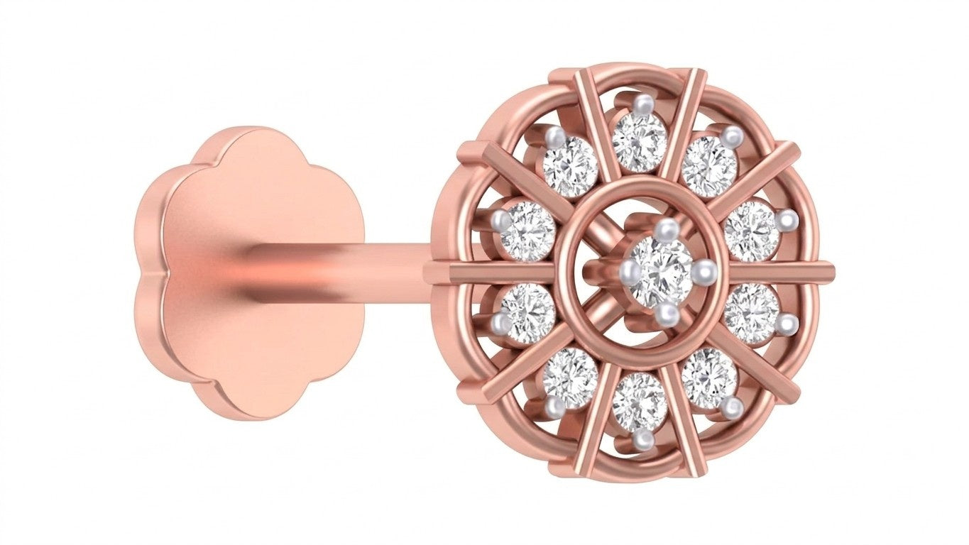 Rose gold and diamond round nose pin accents on a white background