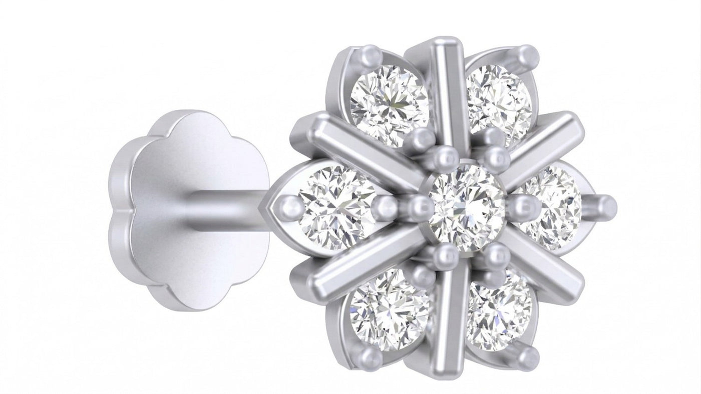 White gold and diamond stud nosepin with floral-shaped on a white background.