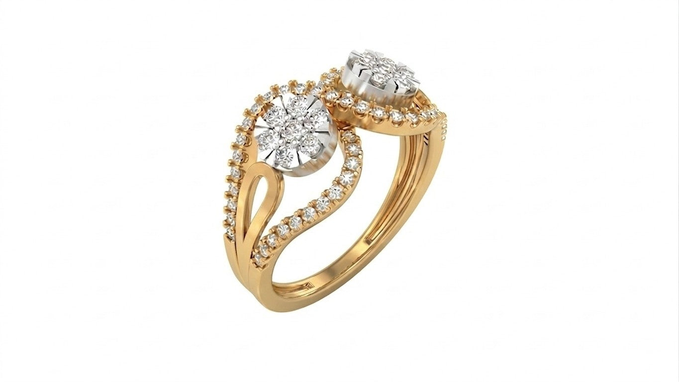 A yellow gold and diamond featuring two round diamond clusters, shown on a plain white background.