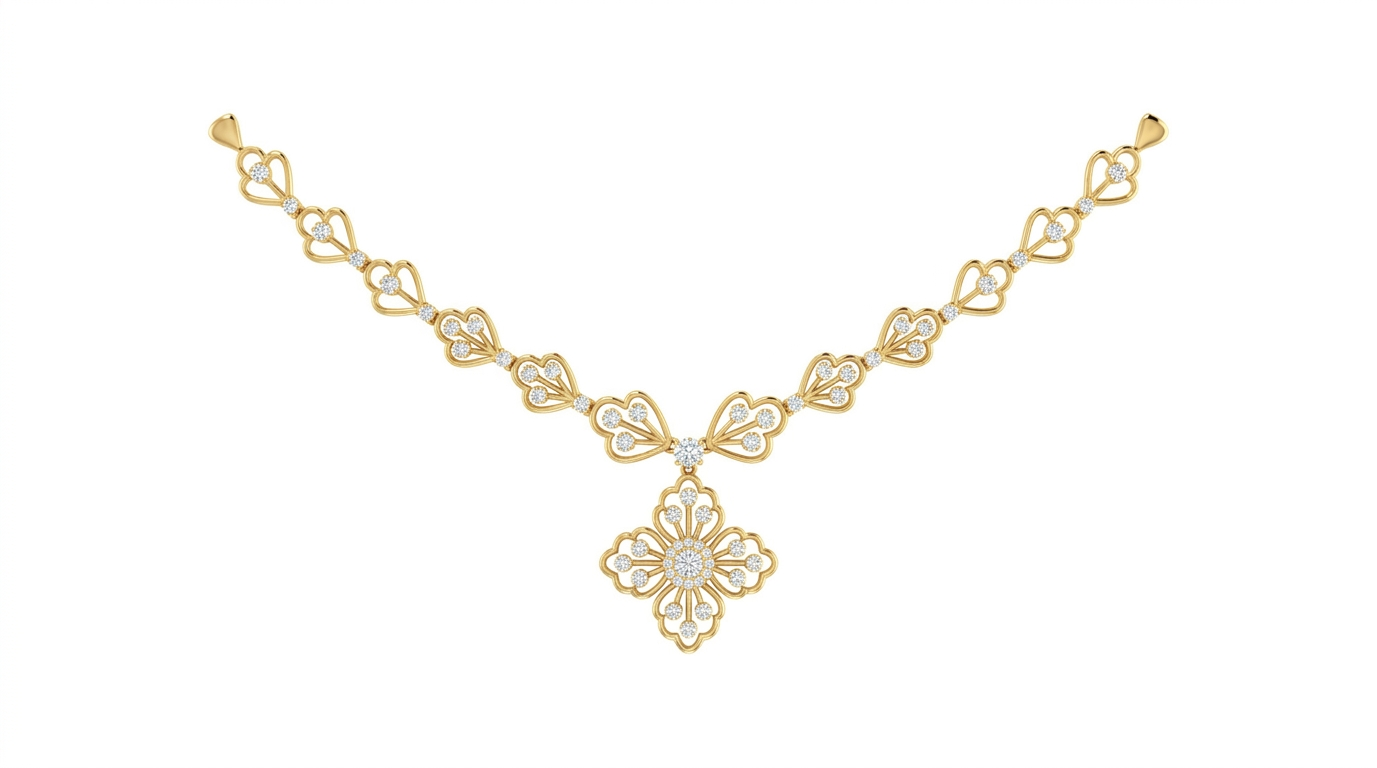  gold and diamond necklace featuring delicate openwork links and a prominent floral quatrefoil pendant with a diamond cluster center.
