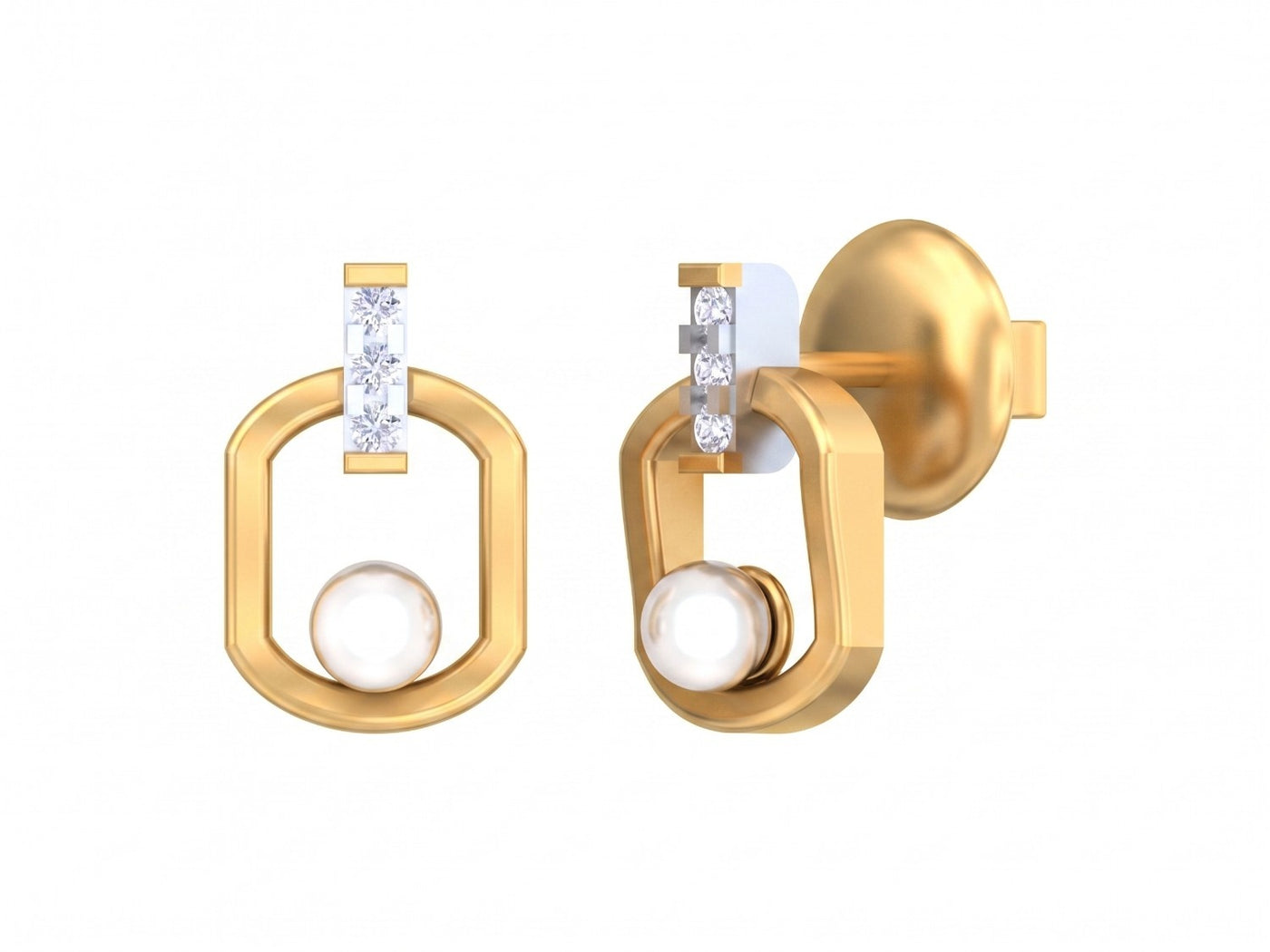 Yellow gold and diamond stud earring on a white backgound.