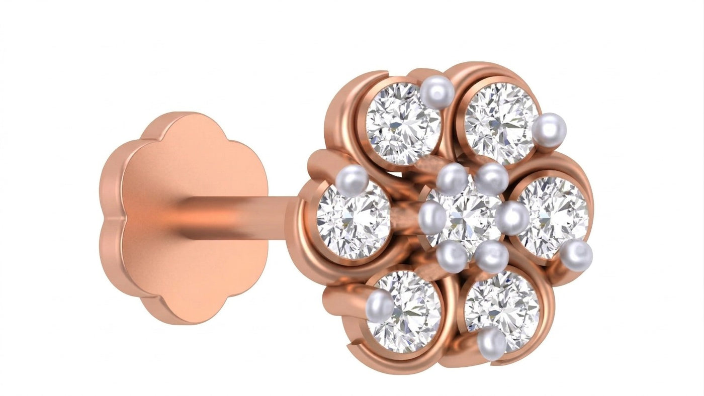 Rose gold and diamond stud nose pin and pearl design on a white background