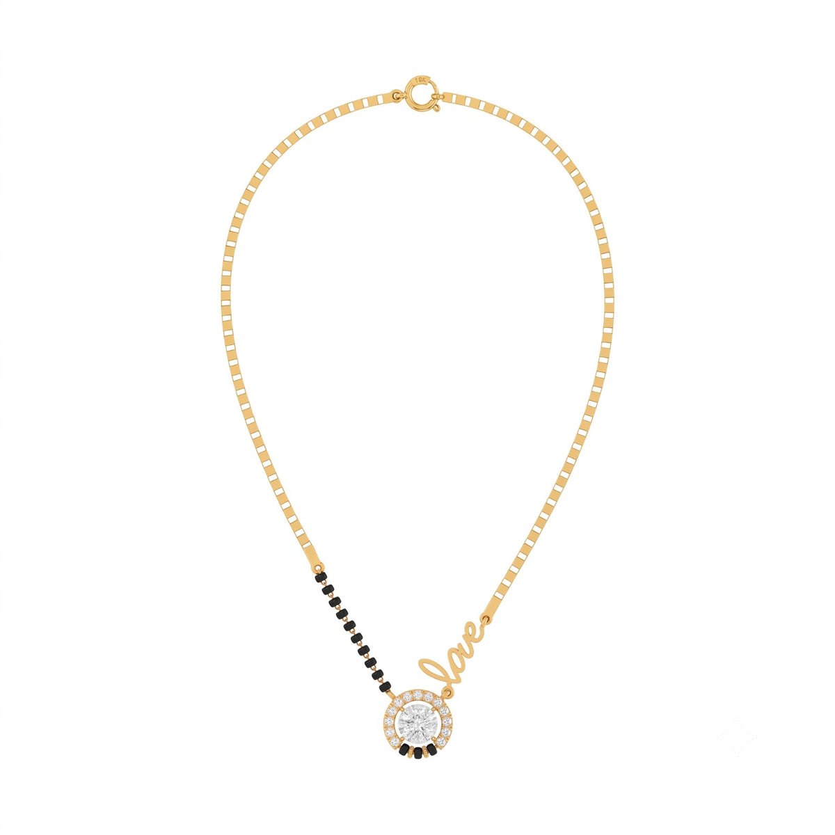 A gold chain necklace featuring a central round pendant with a clear crystal surrounded by small black stones, accented by a vertical line of black stones and a gold script word reading 'love'.